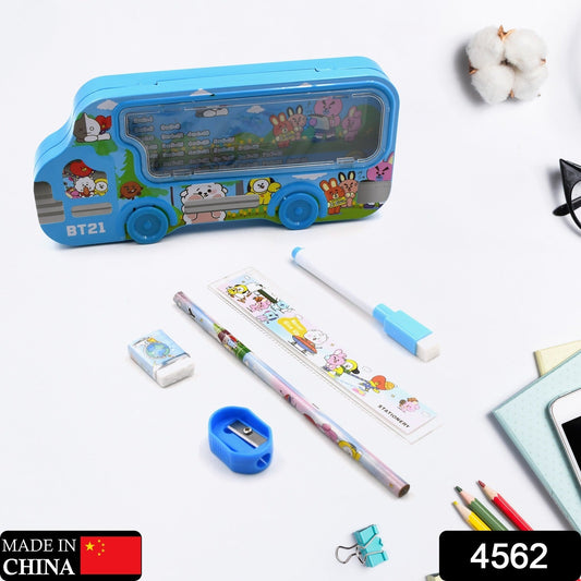 Bus Shape Compass Box for Boys, Kids School Accessories | Pencil Box with Wheels for Girls and Kids, String Operated Case Students School Supplies - Stationery Set Organizer Birthday Return Gift for Kids