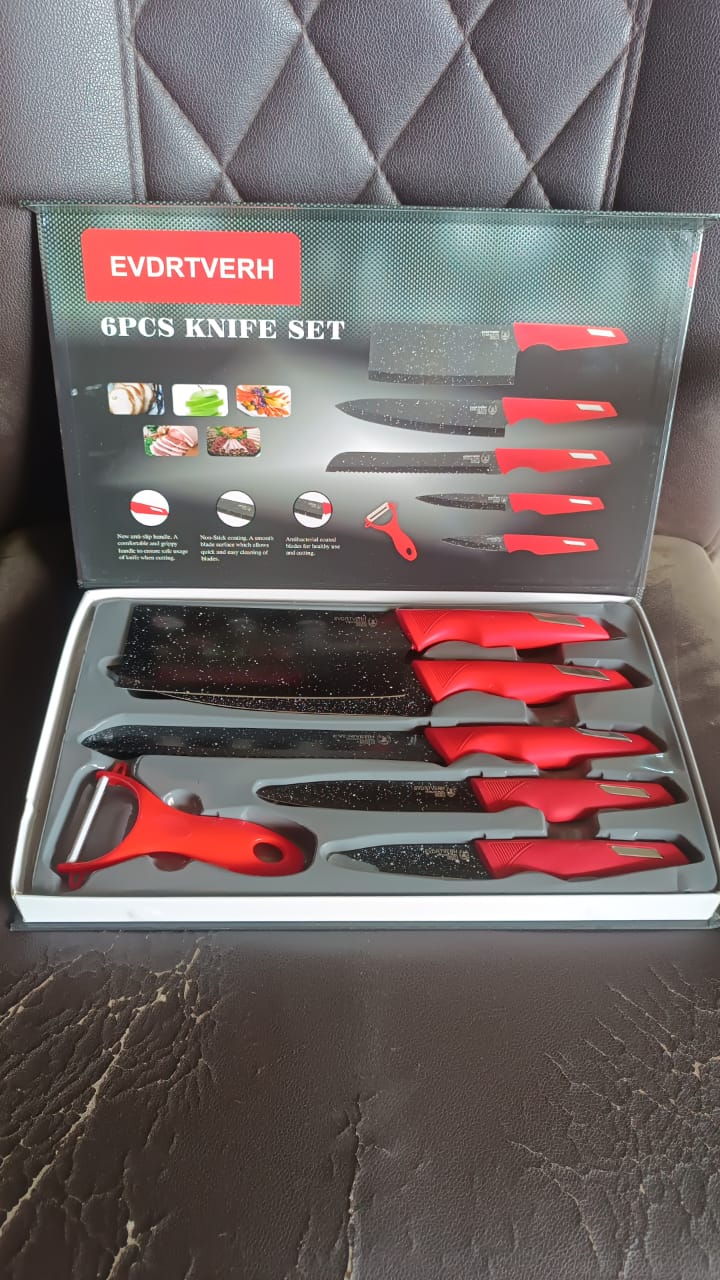 Kitchen Knife Set with Marble-Coated Blades & Red Handles (6 Pc)